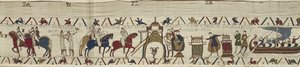 Le duc Guillaume accepte les clés de Dinan et donne des armes à Harold qui prête allégeance à Guillaume à Bayeux, Tapisserie de Bayeux